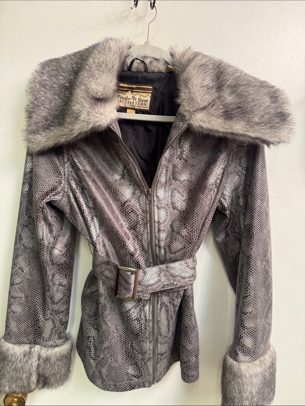Powder River Panhandle Slim Gray Snake-Print Faux Fur Trim Leather Jacket